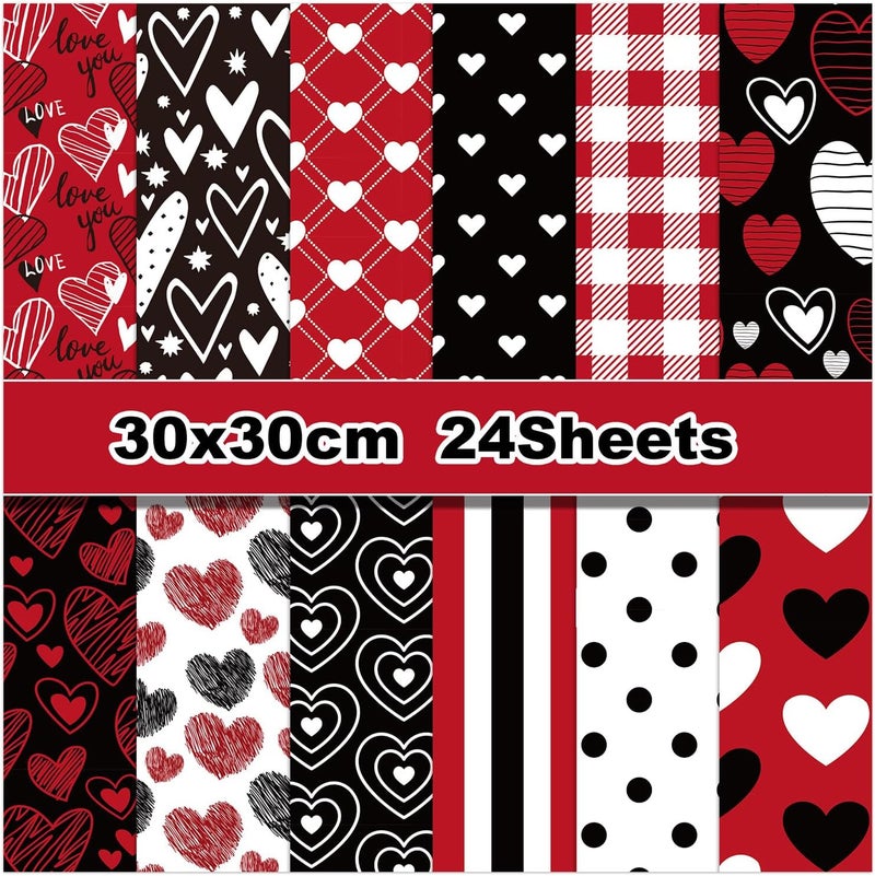 WLXTREE Valentine’s Day Scrapbook Paper 12 x 12 Double Sided Printing Red Black Heart Love Patterned Craft Paper for Card Making Photo Album Wedding Anniversary Party Decorative 24 Sheets - Image 1